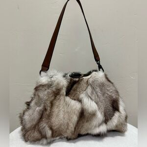 Natural Fox Fur Handmade Unique Metal Frame & Push Lock Shoulder Bag, Crossbody